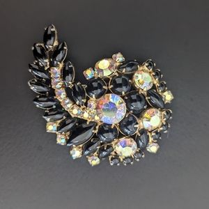 Vintage Black & Iridescent Rhinestone Brooch Pin
